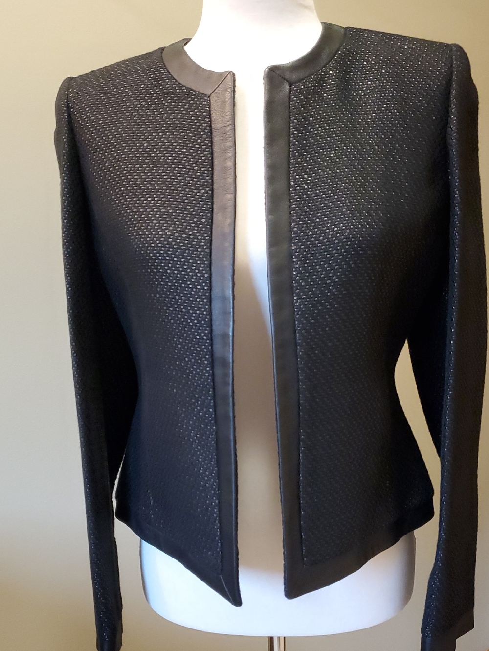 Jones New York Black Textured Open-Front Blazer with Leather Trim